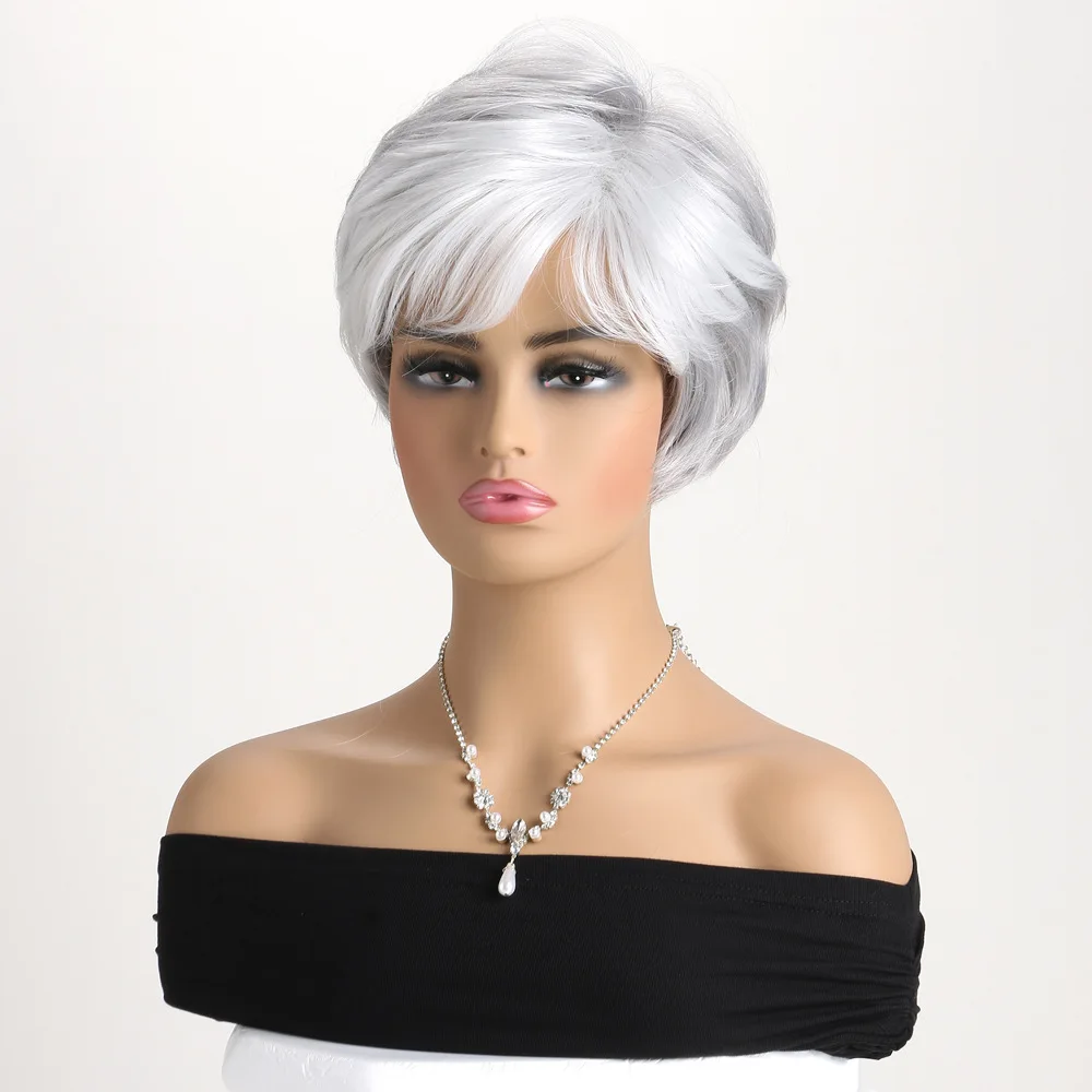 Synthetic Short Curly Pixie Cut Silver White Wig With Bangs for Women Wigs Daily Use Heat Resistant Fiber