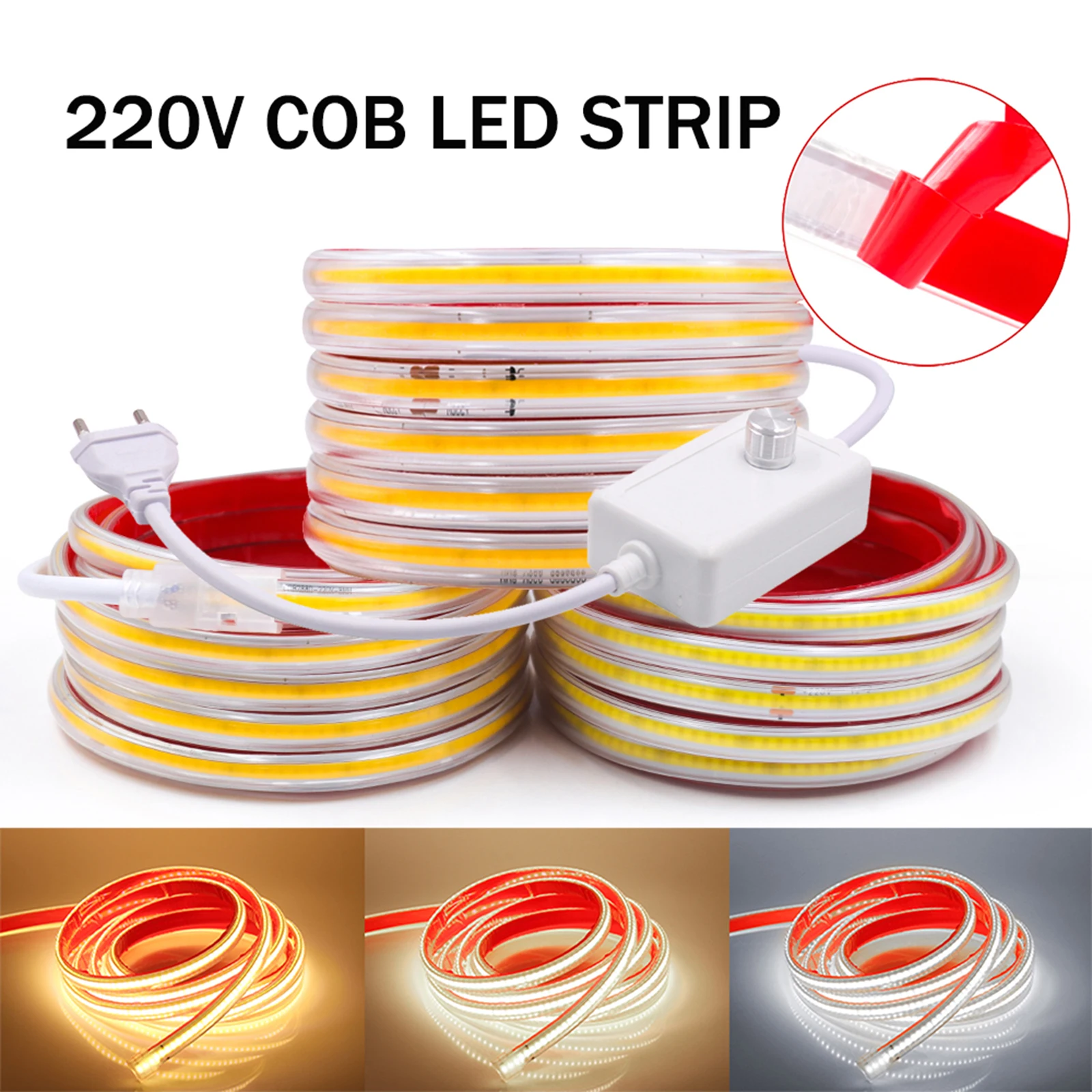 Dimmable COB LED Strip Light 220V 288LEDs/m COB LED Lights with Adhesive Tape Flexible LED Tape Waterproof LED Ribbon EU Switch