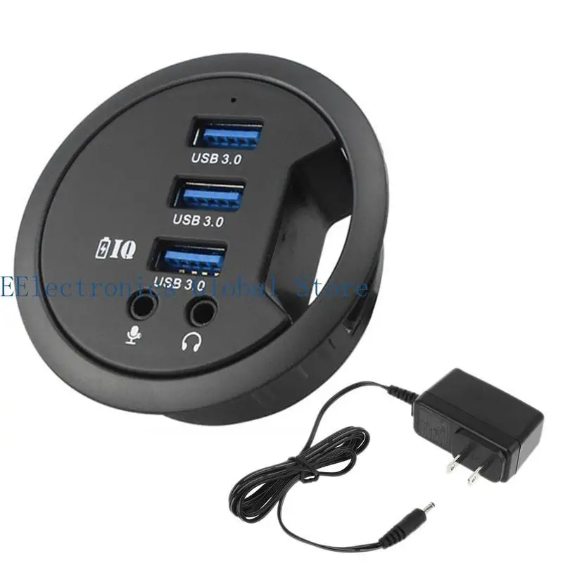 

462B Mounting In-Desk 5-Port USB3.0 Hub with 3.5mm Mic Earphone Hole EU US Power Adapter Multi Splitter for Desktop Computer