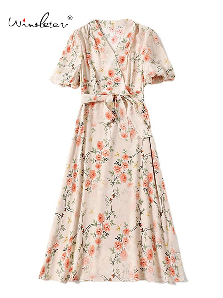 

Winsleter-Women 100%Real Silk Elegant Dress, V Neck Lantern Sleeve Print, French Beach Vacation Dresses, 2025 Summer D57813CC