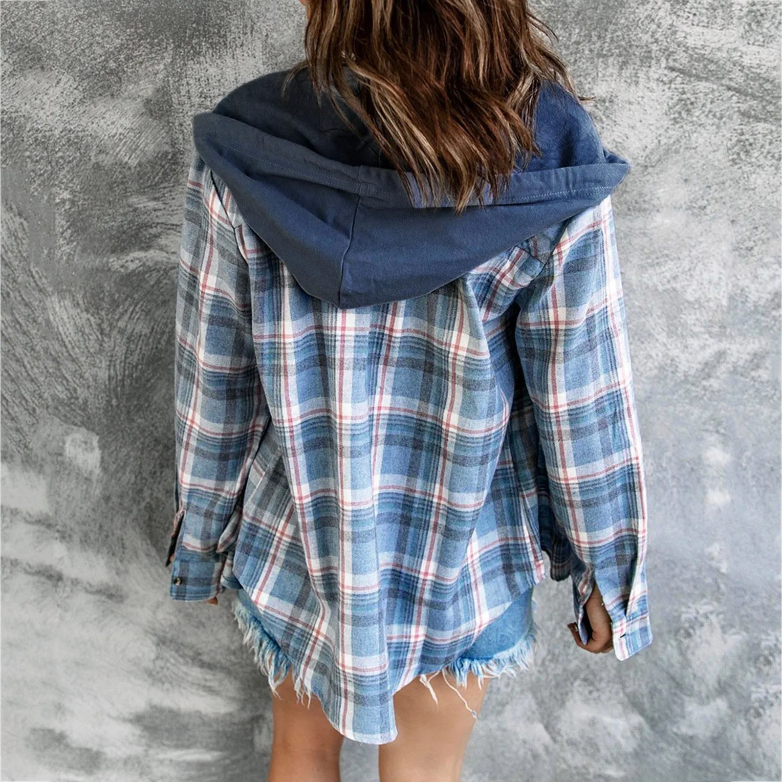 Women Long Sleeve Plaid Shirts Blue Button Down Pocket Blouse Tops Retro Casual Drawstring Hooded Shirt Camisas