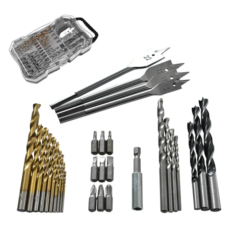 

AA21-31Pc Drill Bit Assembly Woodworking Drilling Bit Set Twist Drill Flat Drill Construction Drill Screwdriver