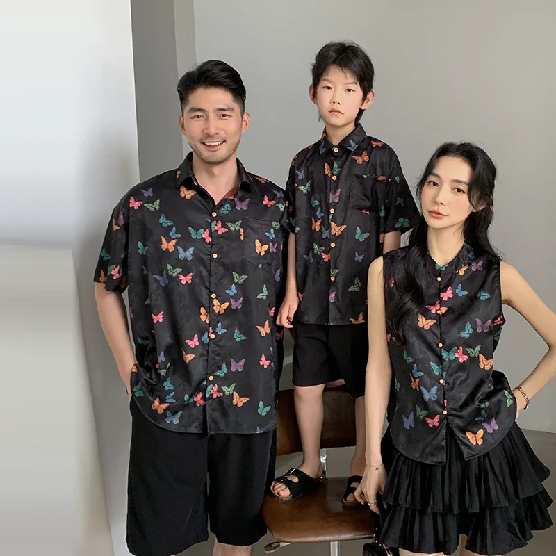 

2026 Summer Family Matching Outfits Black Butterfly Print Shirt & Sleeveless Vest Set For Mom Dad Kids Casual Streetwear