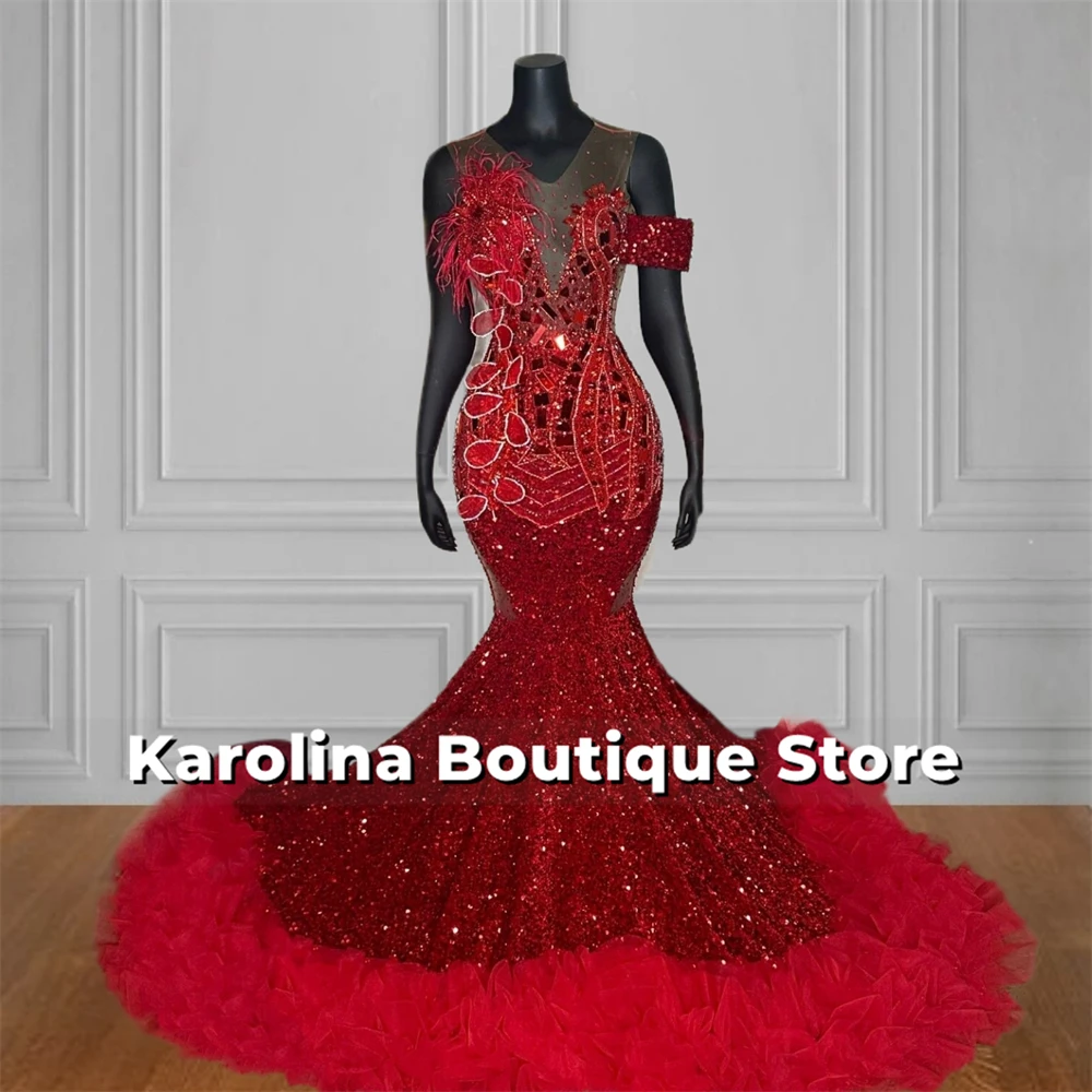 

Red Sequined Pieces Ostrich Feathers Mermaid Prom Dresses Tulle Ruched Train 2025 Luxury Birthday Dress Customized