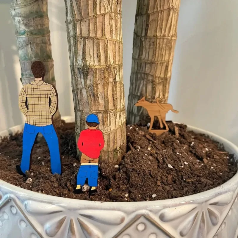 3pcs New Funny Potted Wooden Mini Sign Father Son Dog Courtyard Home Flower Pot Decor