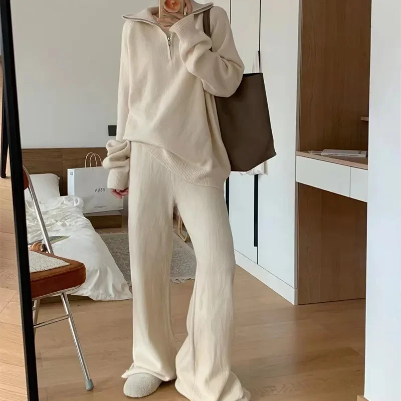 Autumn and Winter New Gentle Wind Knit Two-piece Set, Lapel Half-zipper Pullover Sweater+Casual Wide-leg Pants Loose Suit Women