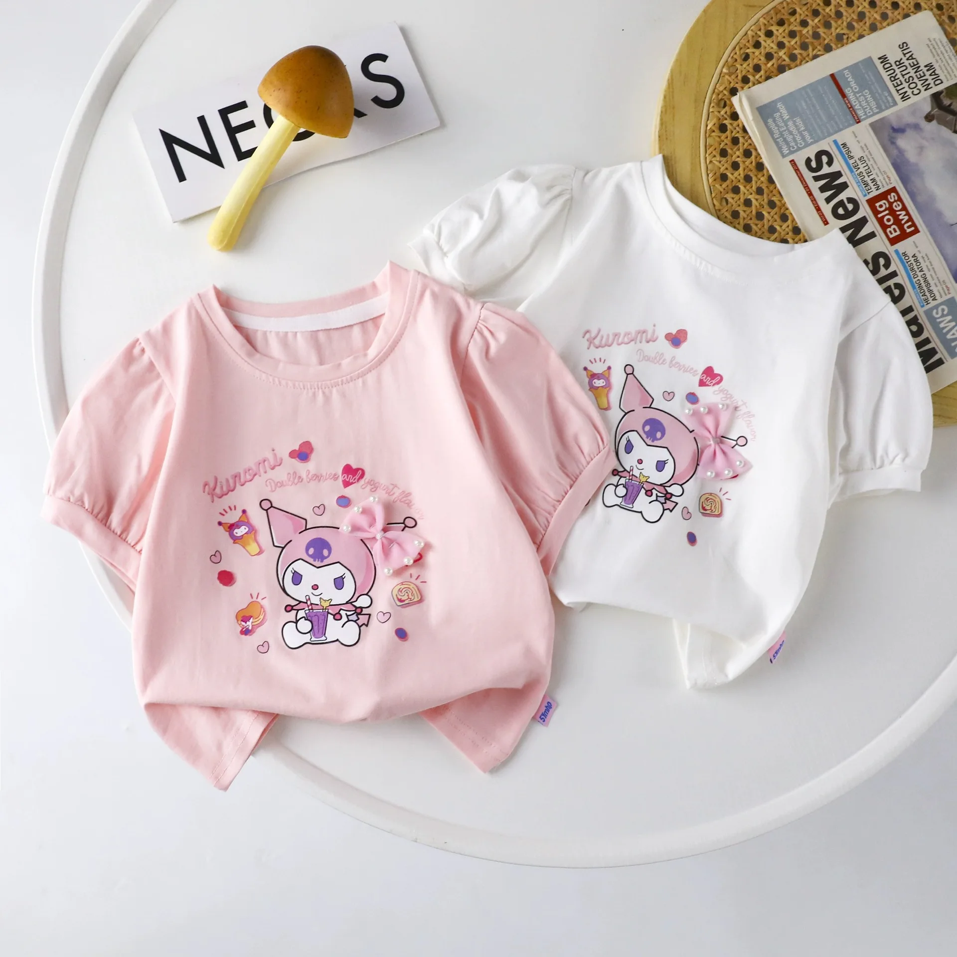 Camiseta Kawaii Sanrio My Melody Cinnamoroll de dibujos animados para niños, blusa informal de encaje de manga corta para bebé y Niña