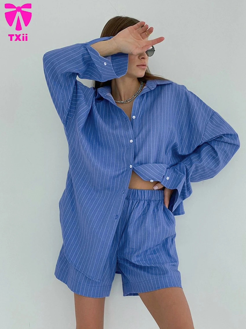 TXii Striped Women Sleepwear Suit Long Sleeve Nightwear Turn-Down Collar Nightgown Shorts 2023 New Casual Femme Pajama Set