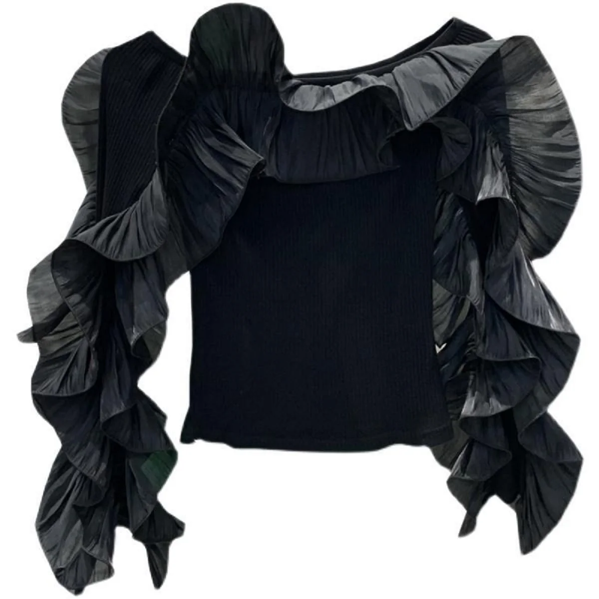 Gothic Women Off-The-Shoulder Crop Top Layered Pleated Ruffle Long Flare Sleeve Ribbed Knit Slim Party Club Black Blouse