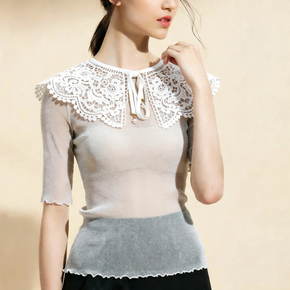 

Short Sleeve Floral Lace False Collars Silver Shiny T Shirt Women Y2K See Through Mesh Elastic Shirts Female Blouses S-2XL Top