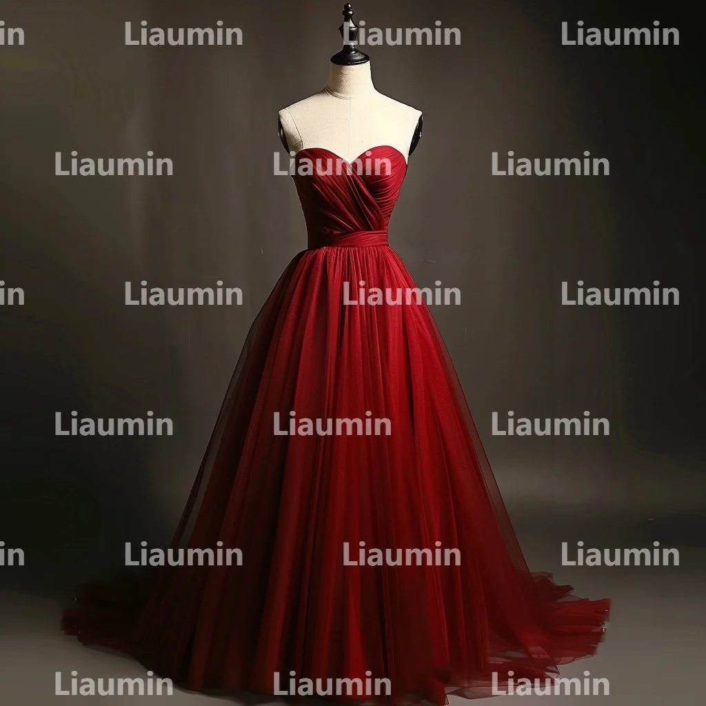 Abiti da sera da sera senza spalline o con scollo a V in Tulle rosso su misura abiti da sposa lunghezza del pavimento abbigliamento da festa per occasioni formali W15-40