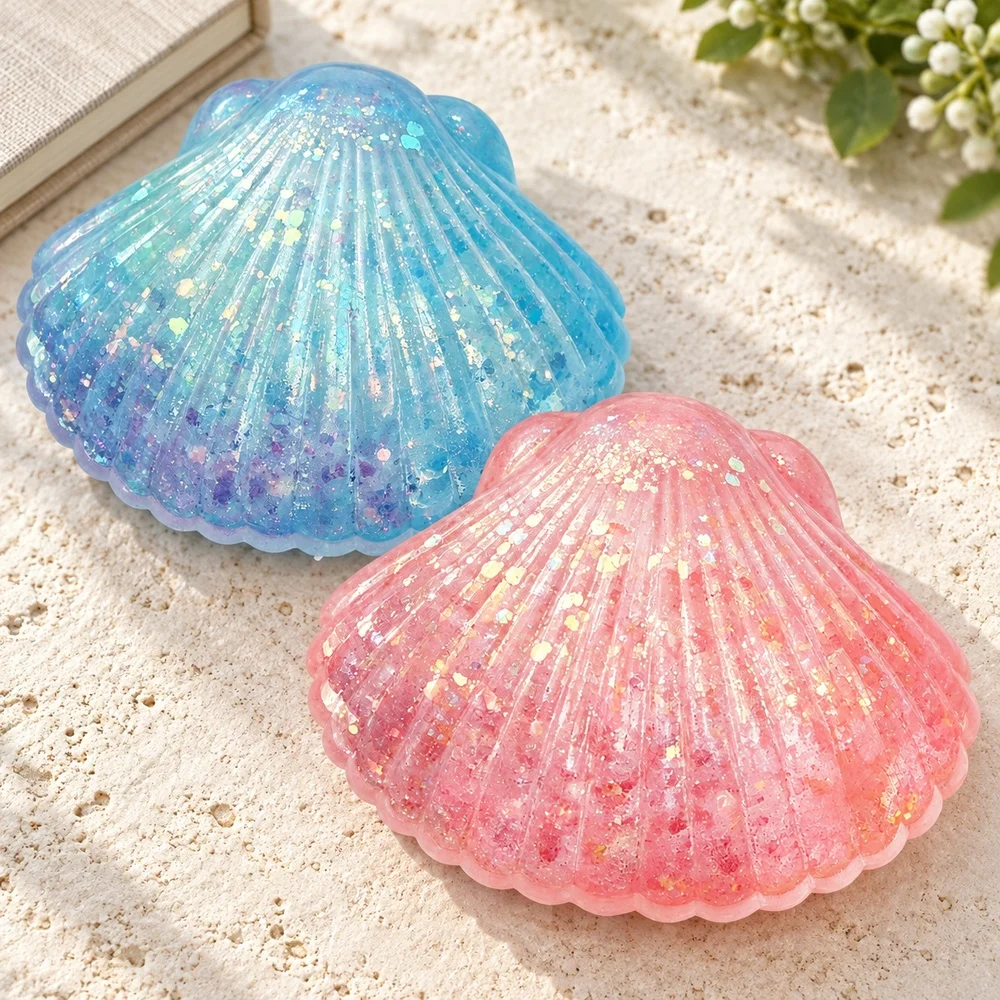 Seashell Squishy Toy Clear Blue or Pink TPR with Shiny Flakes and Textured Ridges Soft Squeeze Fidget Gift for Teens and Adults