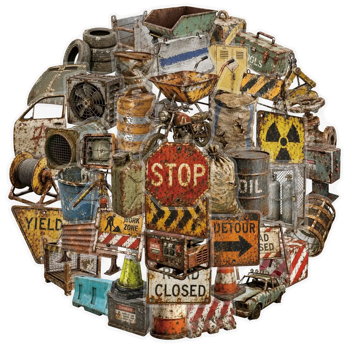 50 Pcs Vintage Industrial Style PET Stickers for DIY Skateboard Helmet Phone Case Decorations Handcraft Wasteland Theme