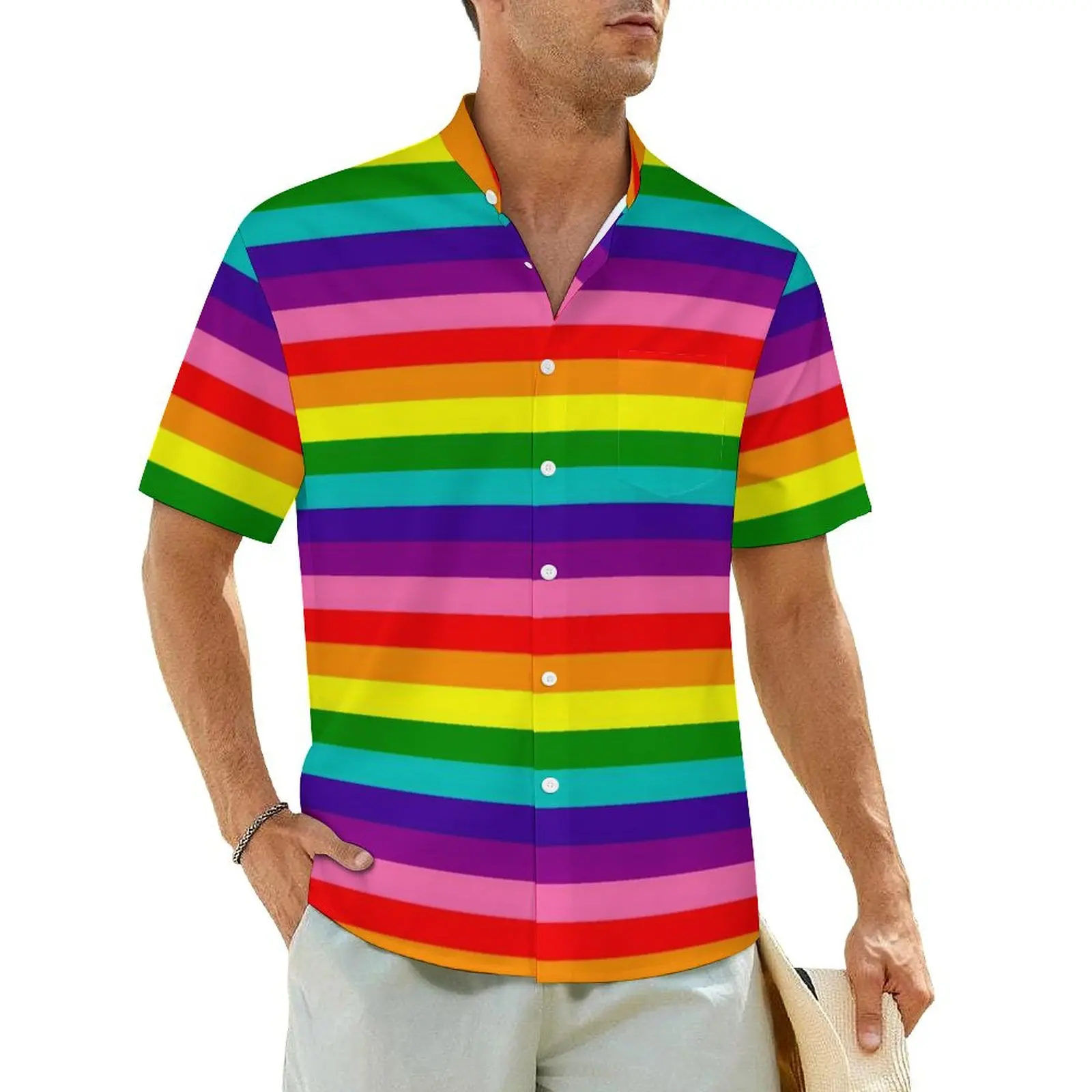 

Rainbow Pride Flag Hawaiian Shirt Men Beach LGBT Colorful Stripes Casual Shirts Short Sleeve Streetwear Vintage Oversize Blouses