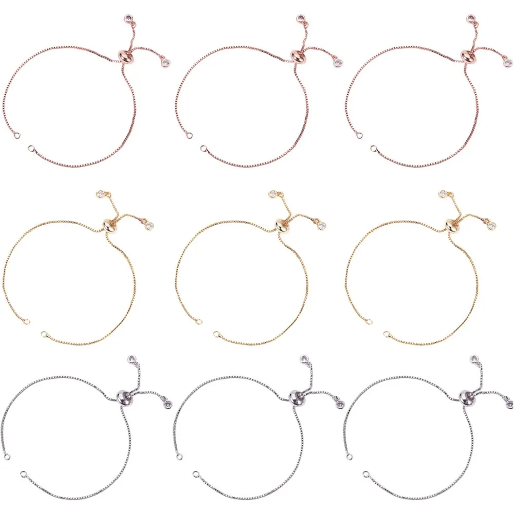 

12pcs 9.4in Adjustable Brass Slider Bracelets with Rhinestone Ends 3 Colors Slider Extender Bracelet Chain with Jump making kit