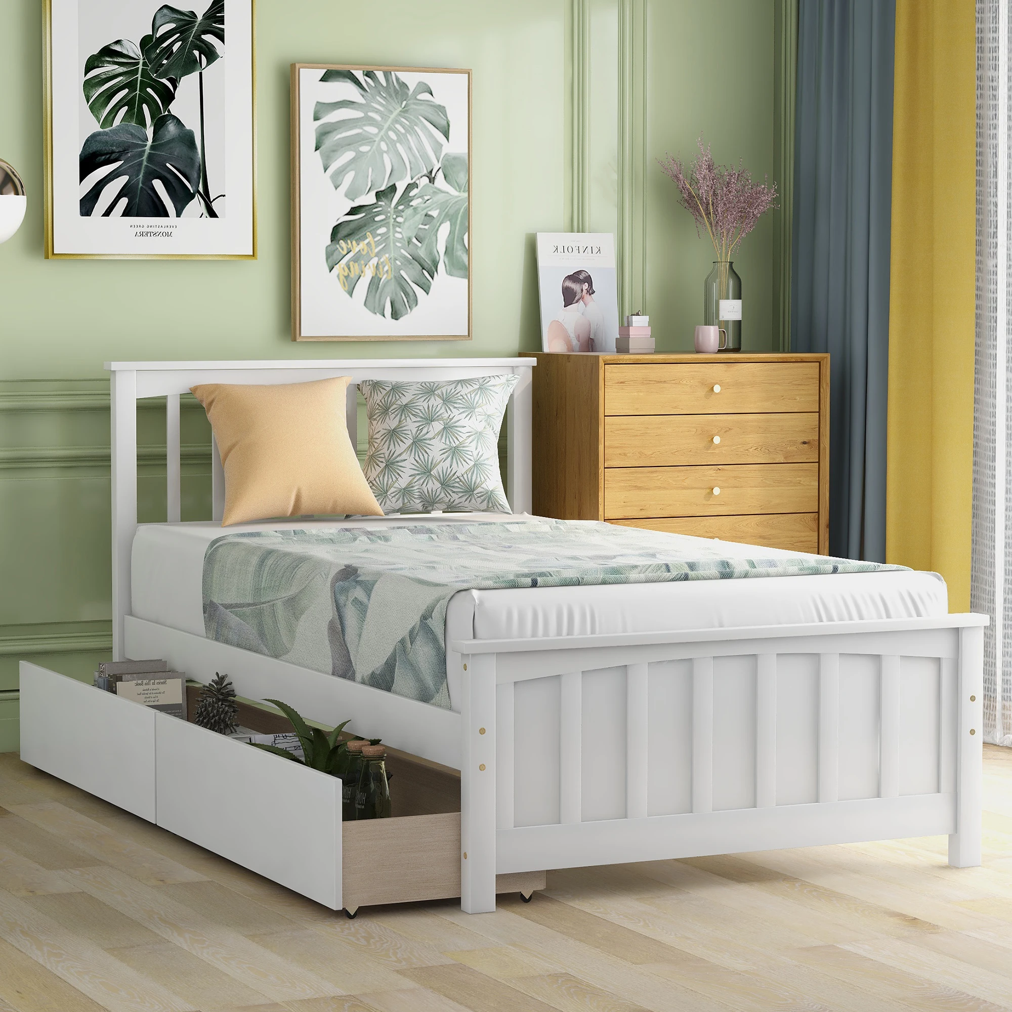 

White Twin Platform Bed with Two Drawers, Space-Saving Storage 79.50x42x41.40 in.