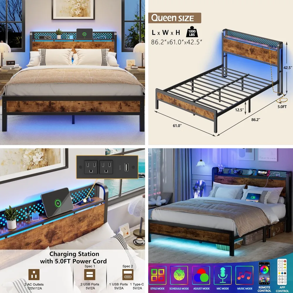 

Queen Size Bed Frame with Storage Headboard, Charging Station, LED Lights, Heavy Duty Steel Slats, Noise Free