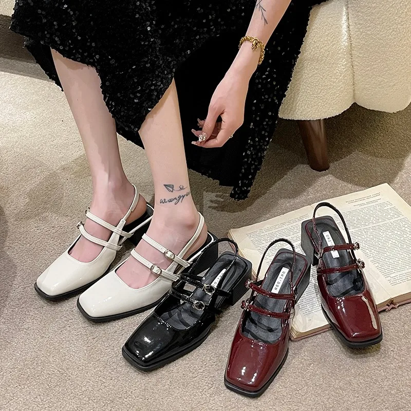 2023 Spring Faux Patent Finish High-heel Shoes With Straps Slingback Fashion Pumps For Women Mary Jane Lovey Square Toe Block