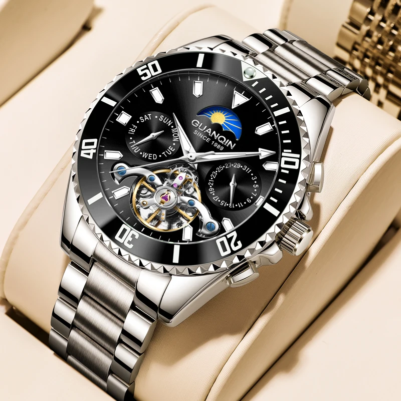 GUANQIN Luxury Mechanical Watches for Man Self-Winding Tourbillon Rotating Bezel Week Date Business Leisure 30M Waterproof