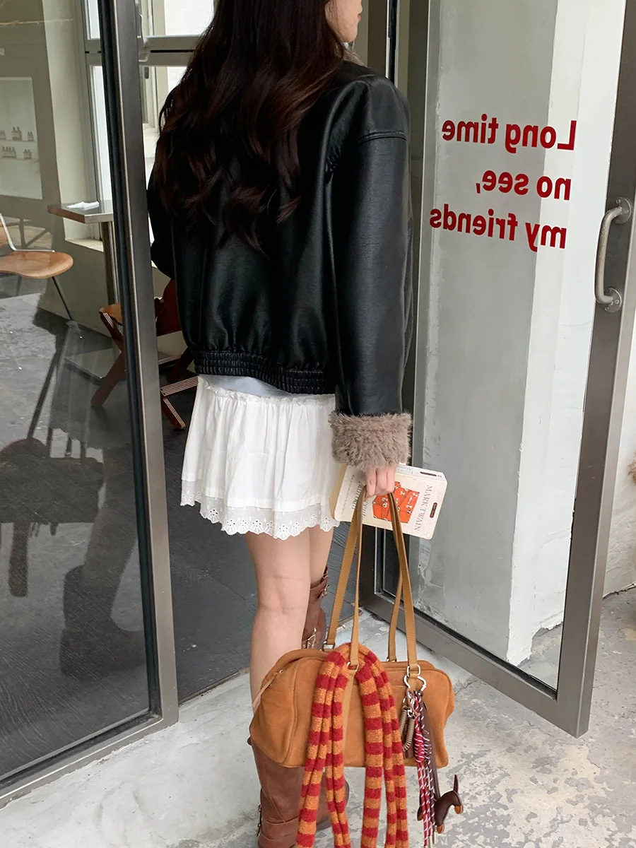 سترة نسائية من جلد البولي يوريثان ريترو شتاء 2025 معطف كاجوال بأكمام طويلة ملابس خارجية كلاسيكية أنيقة