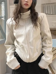 Blouson en cuir PU femme, col montant, fermeture éclair, décontracté, moto, rétro, court, blanc, automne 2023