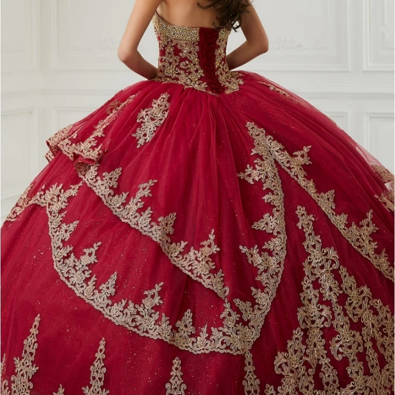 Elegant Wine Red Women Prom Dresses Dance Queen Gold Lace Applique Ball Gown Birthday Party Sweetheart Fiesta Quinceanera Dress