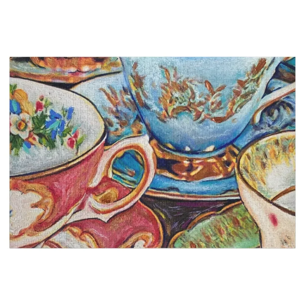 teacups and saucers with gold and floral design Jigsaw Puzzle Custom Child Gift Custom Photo Photo Personalized Gifts Puzzle