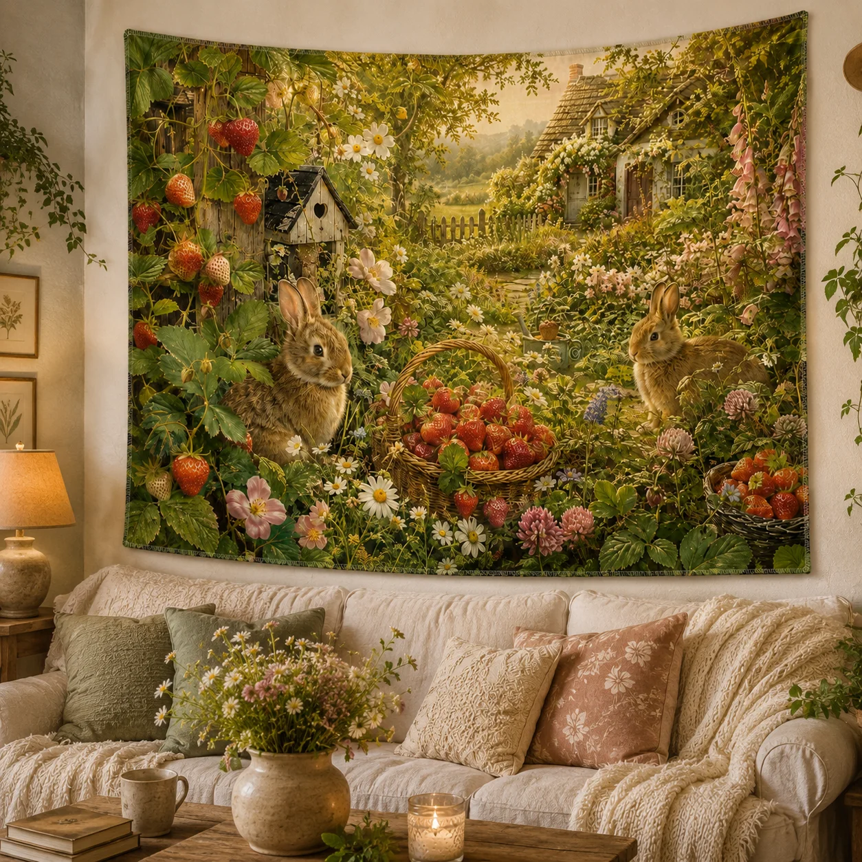 Country Bunny Tapestry Strawberry Garden Floral Wall Cloth