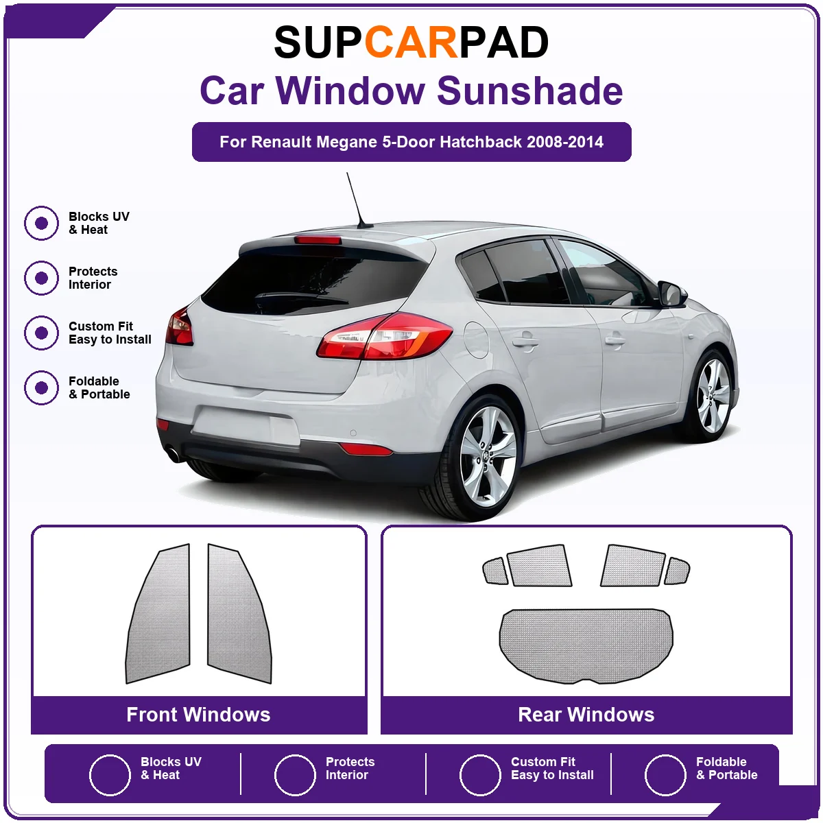 For Renault Megane 5-Door Hatchback 2008-2014 Pre‑Cut Auto Window Sunshade Anti‑UV Car Sun Visor Protector
