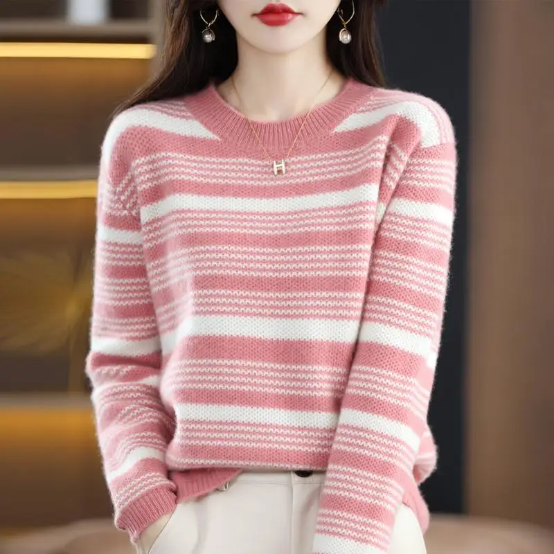 Street Casual Autumn Winter Long Sleeve Knitting Striped Loose Pullovers Top All-match Sweaters Vintage Fashion Women Clothing