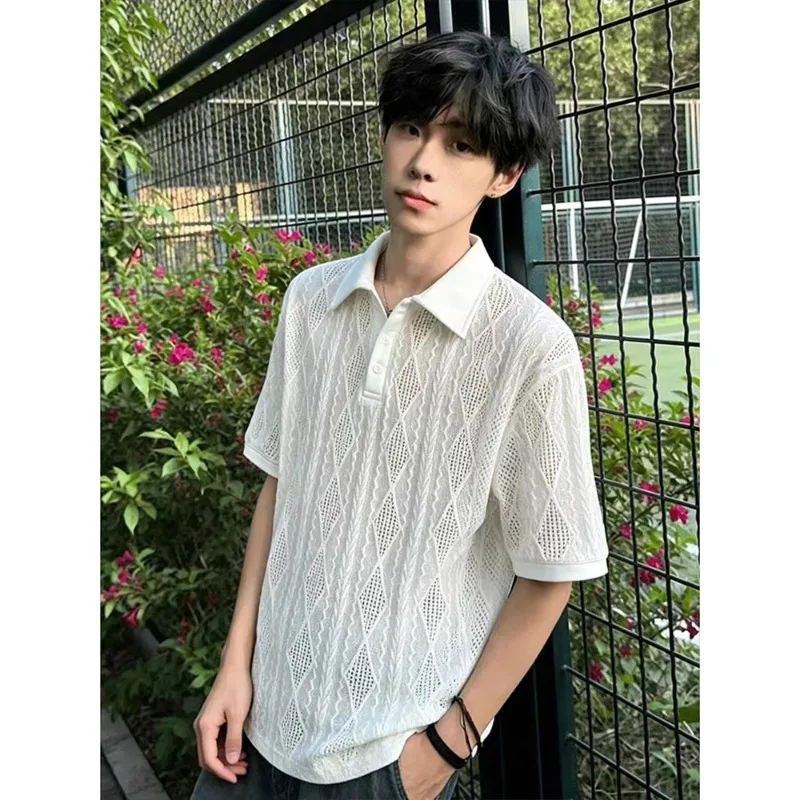 Rice Apricot Mesh Breathable T-shirt Men's Summer Texture Cool Knitted Short-sleeved Polo Shirt Hollow Lapel Half Sleeve