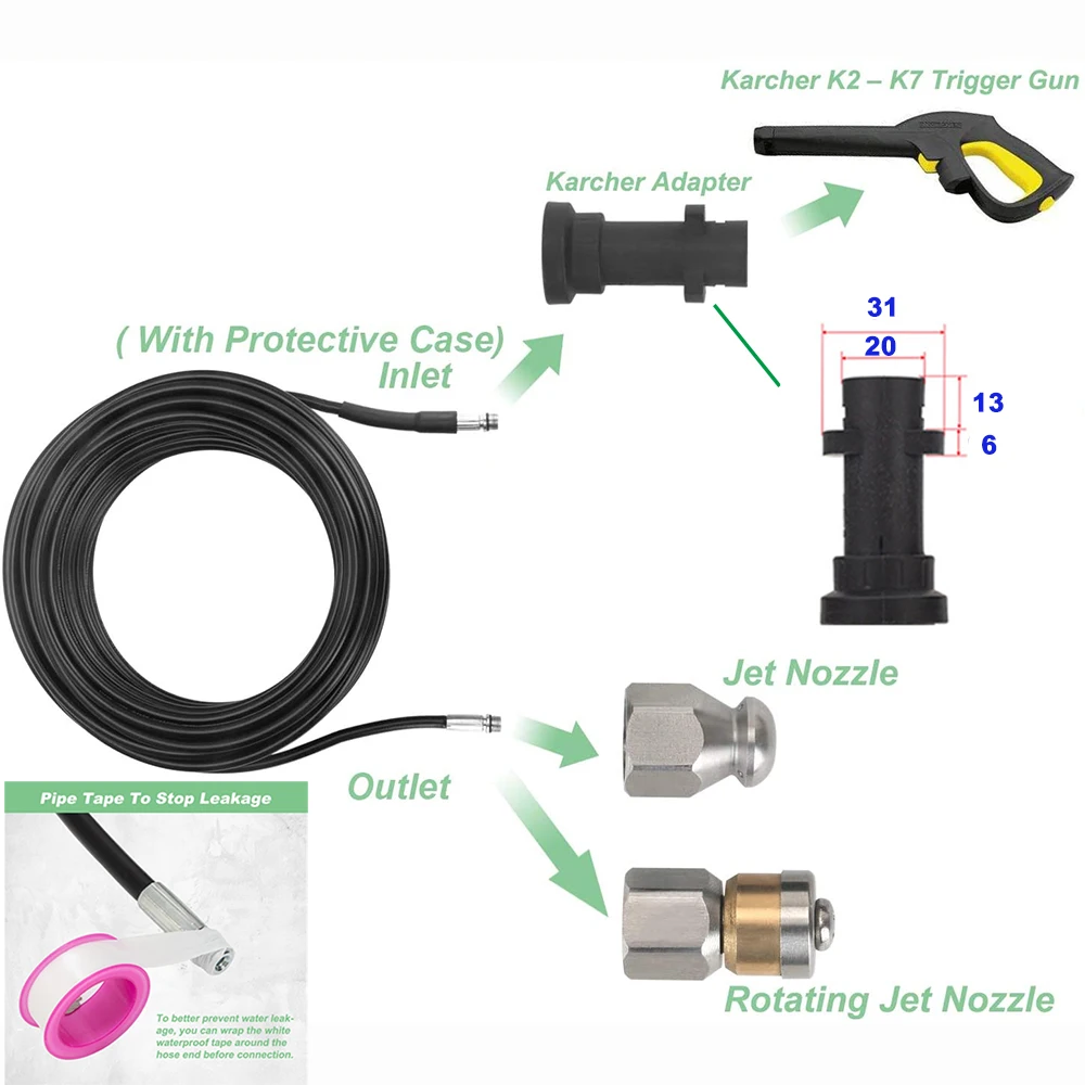 For Karcher K2 K3 K4 K5 K6 K7 Sewer Jetter Kit for Pressure Washer,, 1/4 Inch , Button Nose and Rotating Sewer Jetting Nozzle