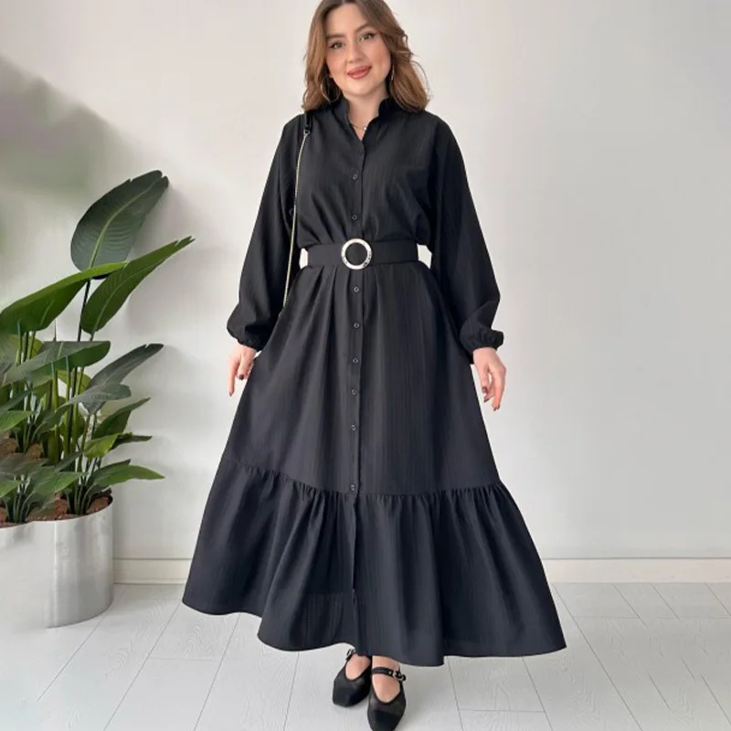 Fashion Solid Color POLO Neck Long Sleeved Dresses Casual Commuting Style Ruffles Skirts Elegant A-line Holiday Dress for Women
