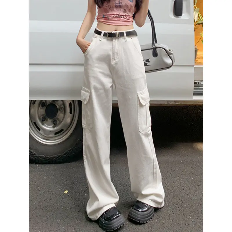 

Белые женские джинсы-карго с высокой талией, эффект похудения, 2025. Новые универсальные прямые брюки, облегающий крой для верхней одежды.