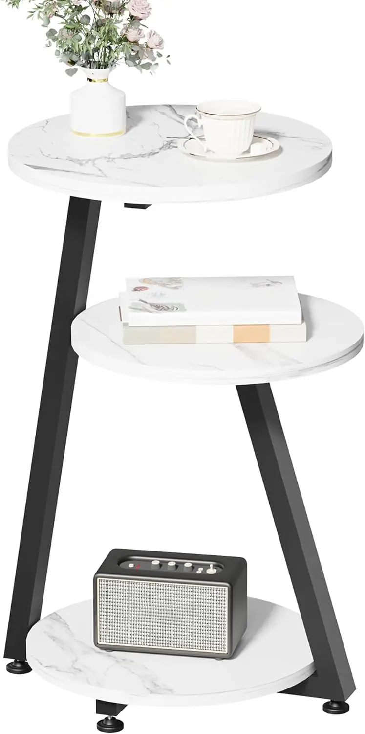 

Round End Table Marble Side Table with Metal Frame, Small Nightstand with 3-Tier Shelves, Night Stand for Living Room Bedroom