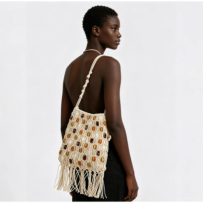 Bunte Ethnische Boho-Tasche mit Perlen und Gewachstem Seil, Gewebte Crossbody-Schultertasche, Ausgehöhlte Lässige Strand-Urlaubshandtasche, Leichte Handtasche – Detail 12