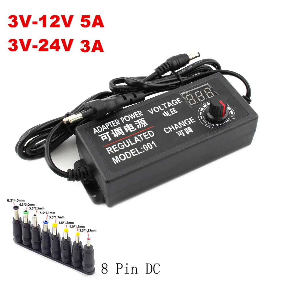 Adjustable AC To DC Power Supply 3V 5V 6V 9V 12V 15V 18V 24V 3A 5A Power Supply Universal 8 Pin DC 48W 60W 72W Adapter