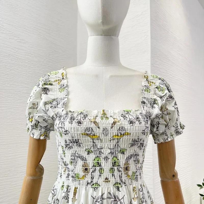 Vestido Midi blanco con estampado de insectos para mujer, Manga corta abombada, cuello cuadrado, alta calidad, 2024