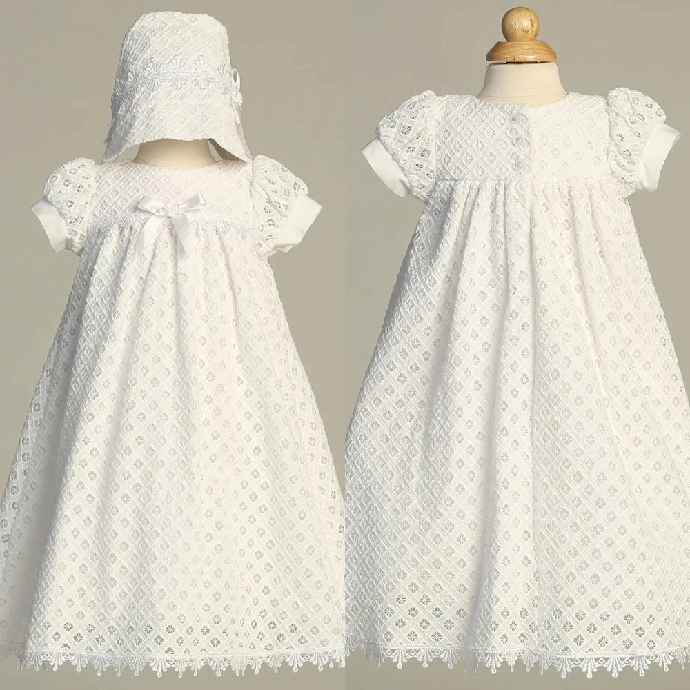 Elegant Baby Baptism Dress Puff Sleeve Lace  Matching Hat Christening Gown Custom Infant  Christening Dresses