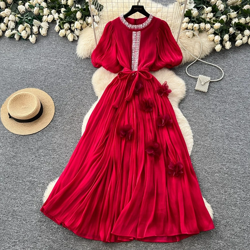 

Luxury Sequins Satin Red Evening Dress For Women Round Neck Pleated A-Line Prom Dresses Female Formal Cocktail Party Robe Femme