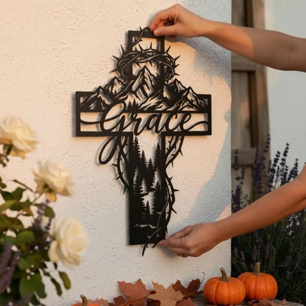 CIFBUY Metal Wall Art Grace Cross Mountain Thorn Wreath Christian Decor Religious Home Room Office Hanging Ornament