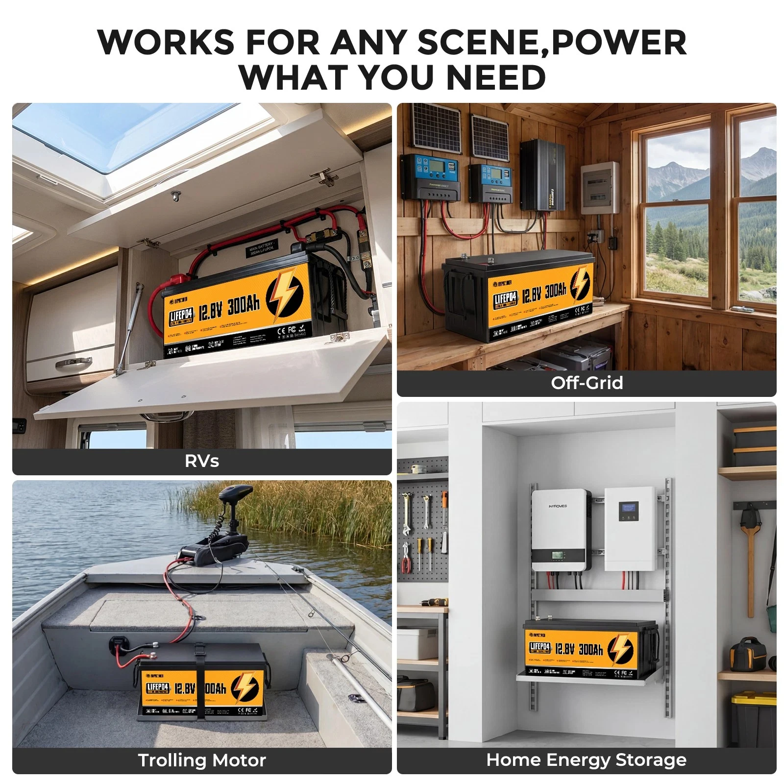 RVPOZWER Portable LiFePO4 Rechargeable Energy Storage Battery, Smart Integrated BMS, 15000+ Deep Cycle Lifespan, for Off-Grid Solar System, RV, Camper Trailer, Marine Boat, Trolling Motor, Home Emergency Backup Power, 12.8V 300Ah 3840Wh - view 5