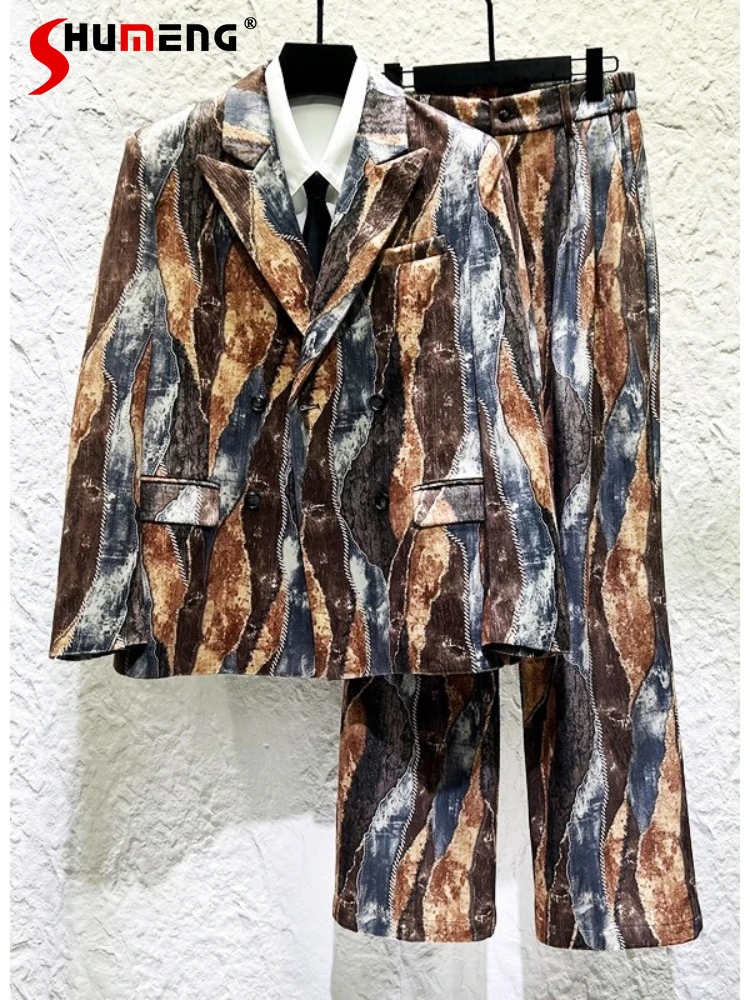 

Men's 2025 Autumn Winter New Retro Print Tie-Dye Suit Sets Men's Personality Fashion 2pcs Double-Breasted Blazers Trousers Sets