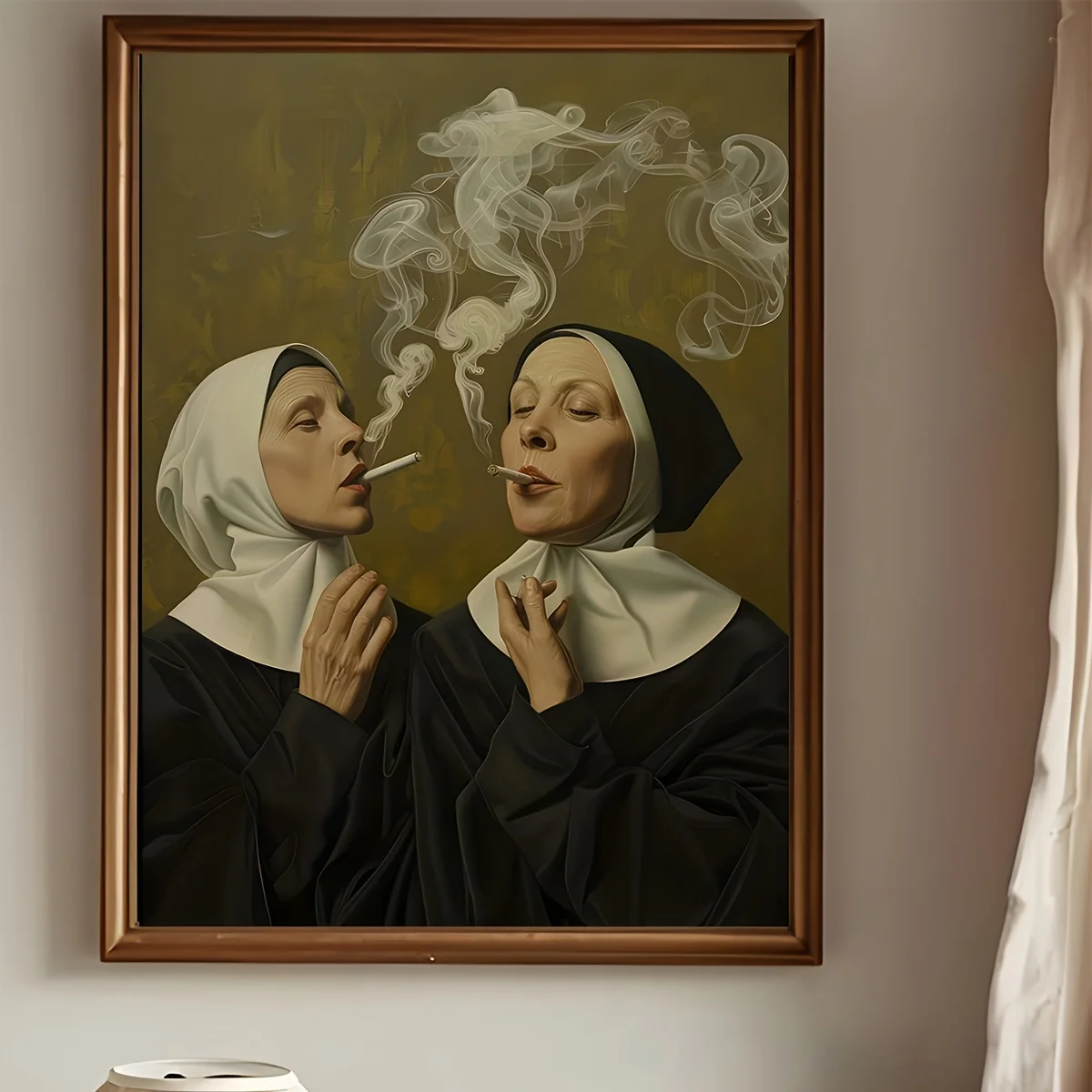 Nuns' Habit of Smoking Art Poster: A Whimsical Take on Classic Nun Portraits, Available in Various Sizes for Your Home Decor