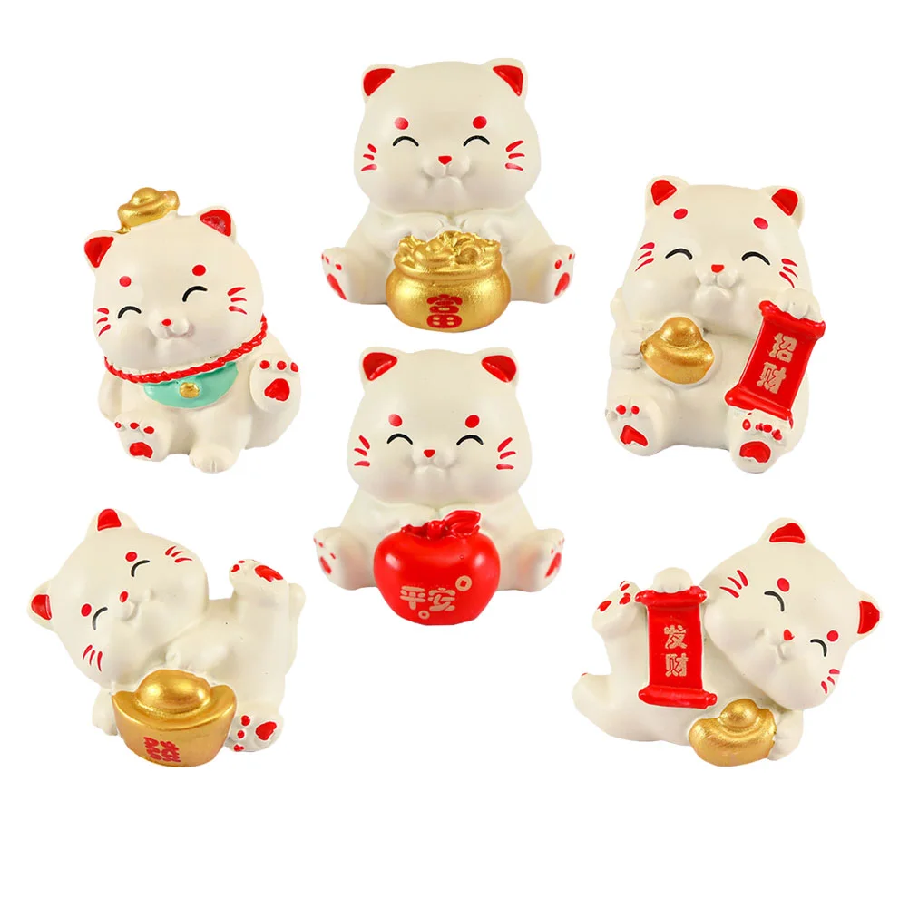 6 Pcs Miniature Lucky Cat Cartoon Figurines Crafts Landscape Fortune Figure Resin Statue