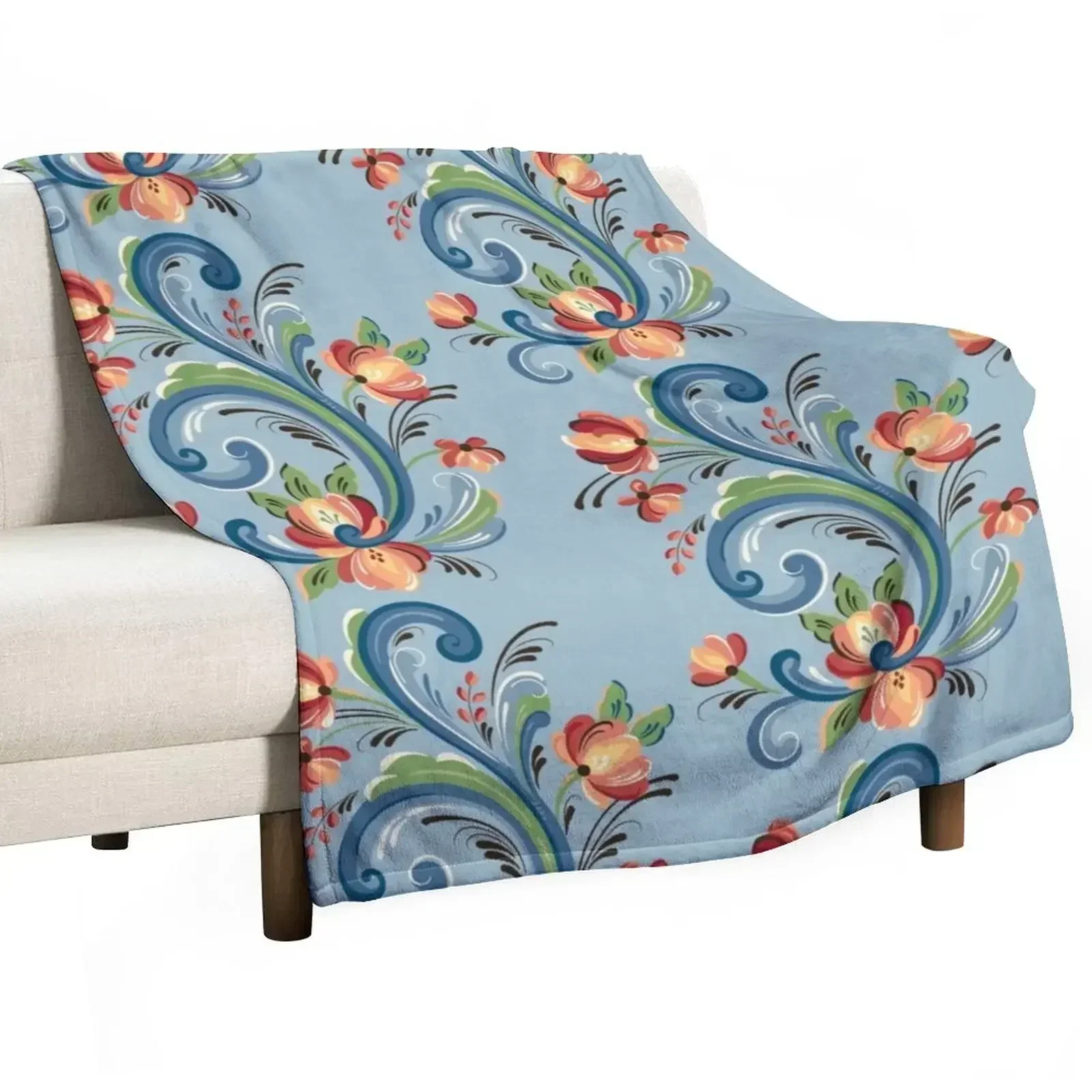 Rosemaling Blue and Red Throw Blanket blankets and throws Sofa Quilt Bed covers Flannel Sofas Plaid on the sofa Blankets