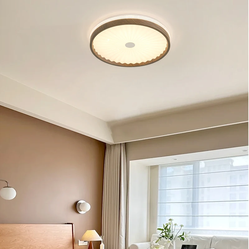 Bedroom Ceiling Lamp LED Eye Protection Round Pleated Dining Room Lamp Medieval Wabi-sabi Style Walnut Color Tea Room Study Lamp