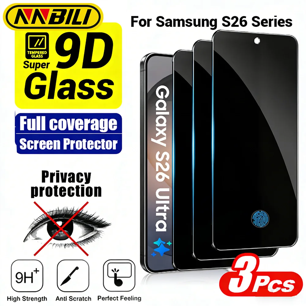 NNBILI 3-teiliger Fingerabdruck-Entsperrungs- und Datenschutzschutz für Samsung Galaxy S26 Ultra S26-Serie, vollständiges Design aus gehärtetem Glas