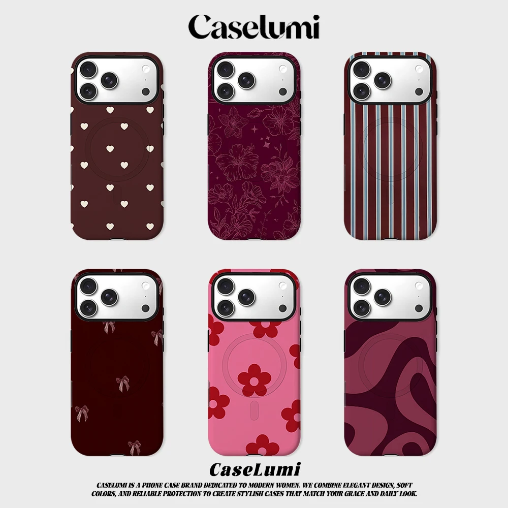 CaseLumi Matte Bumper für MagSafe Hülle für iPhone 17 16 15 14 Plus 13 Pro Max Stoßfeste Harte PC Burgunderrot Creme Herz Cover