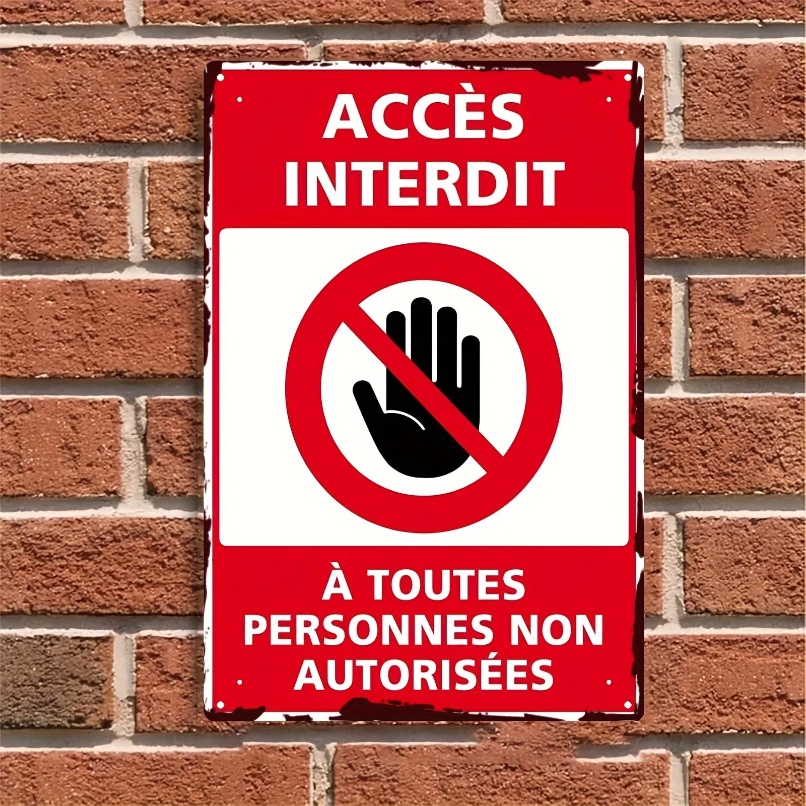 Vintage Iron No Entry Sign - Wall-Mounted Decorative Prohibition Sign with French Text & Hand Graphic, /, Red